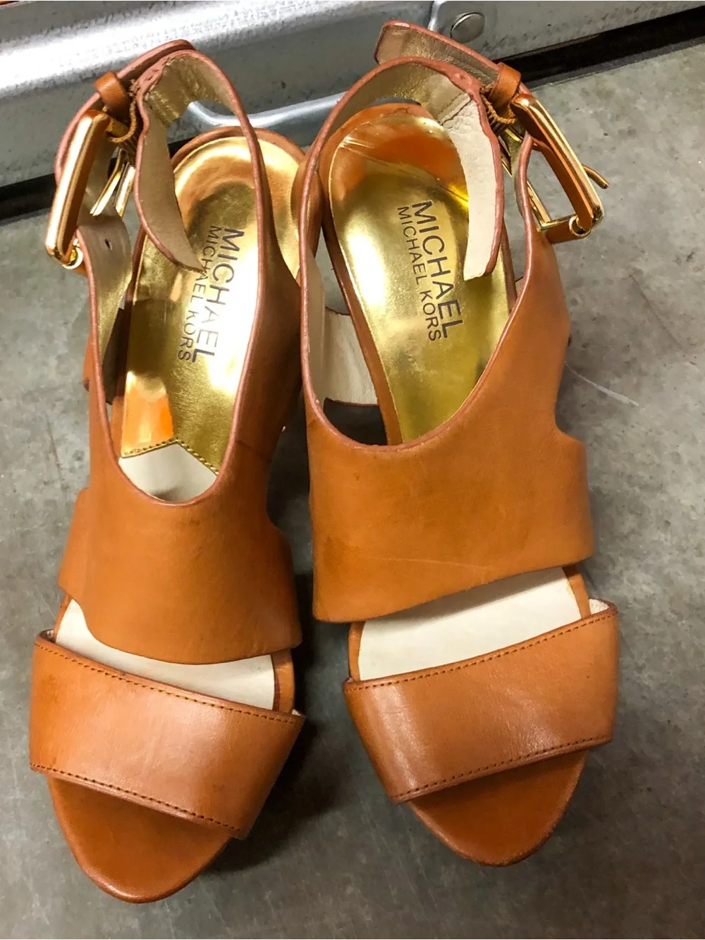 Michael Kors Josephine Cognac Leather Platform Heel Sandals 7M
